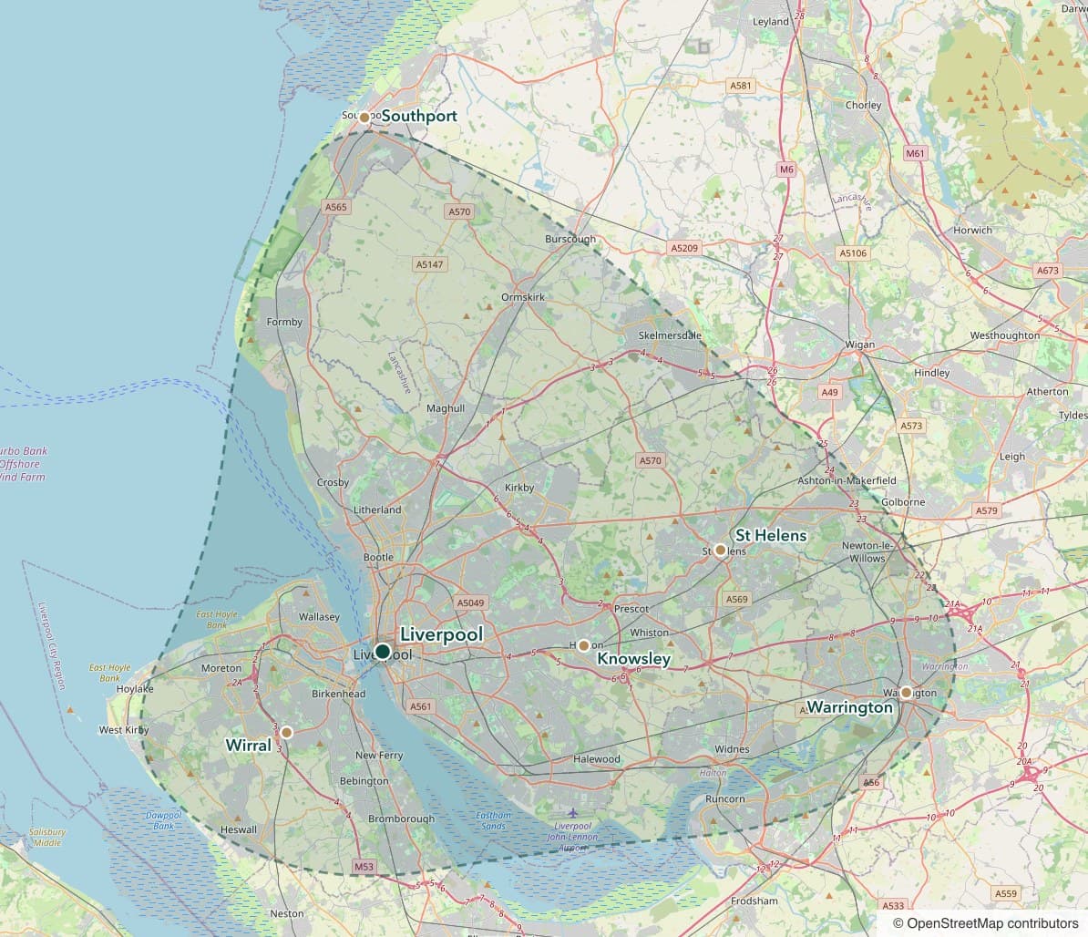 Map of the home-visit coverage area, highlighting Liverpool, Merseyside, Wirral, Warrington, Knowsley and St Helens
